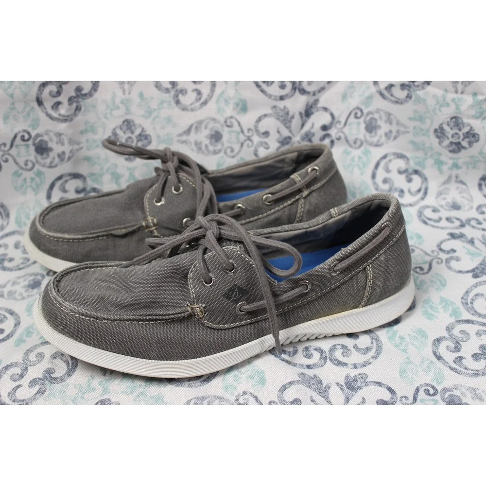 Sperry Boat Shoes Gray Canvas‎ Lace Up Casual Comfort Loafers Mens Size 8M